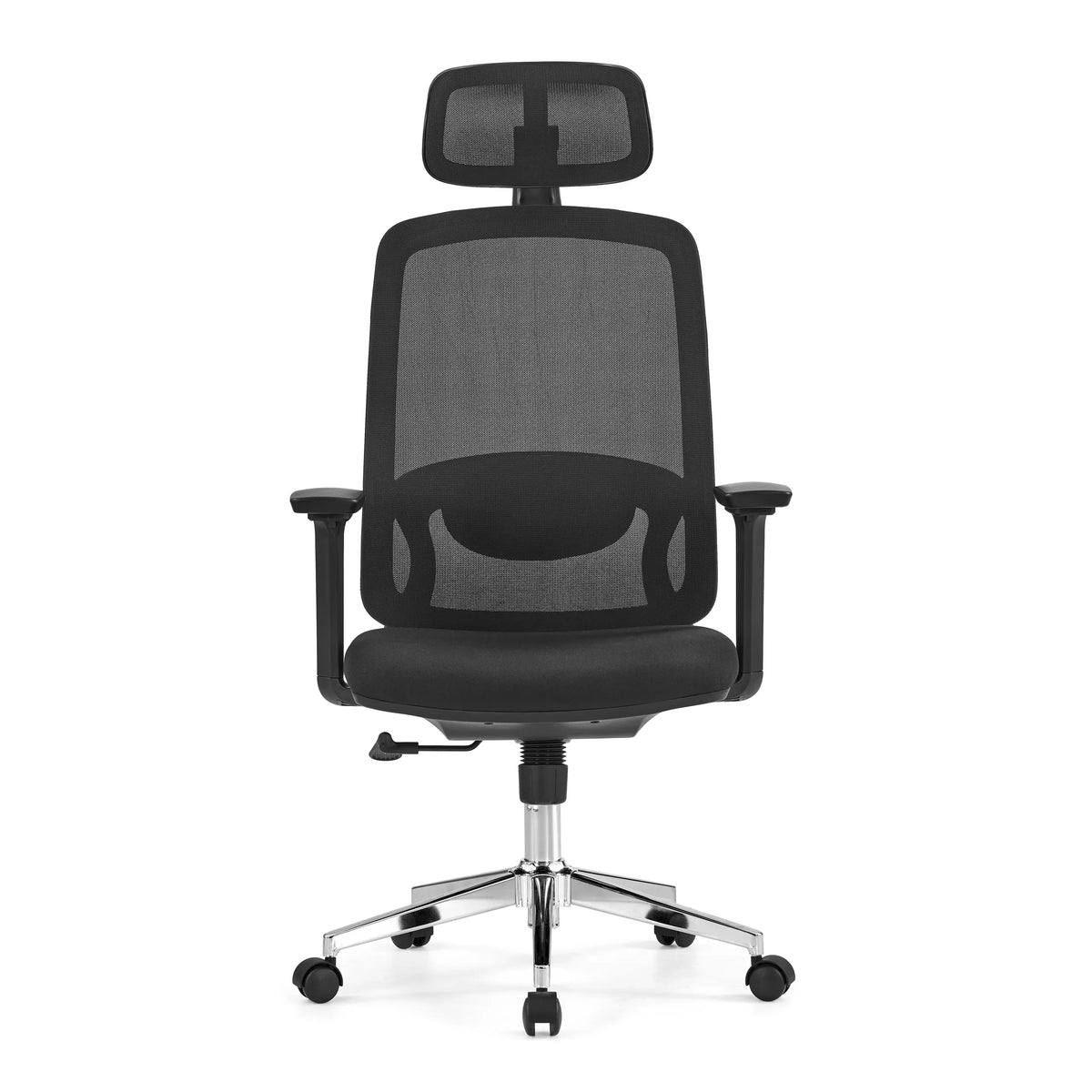 Sedia da ufficio professionale Ergosento nera con schienale in rete, poggiatesta e base a cinque ruote di hjh OFFICE – vista a 360° (vista frontale 0°)