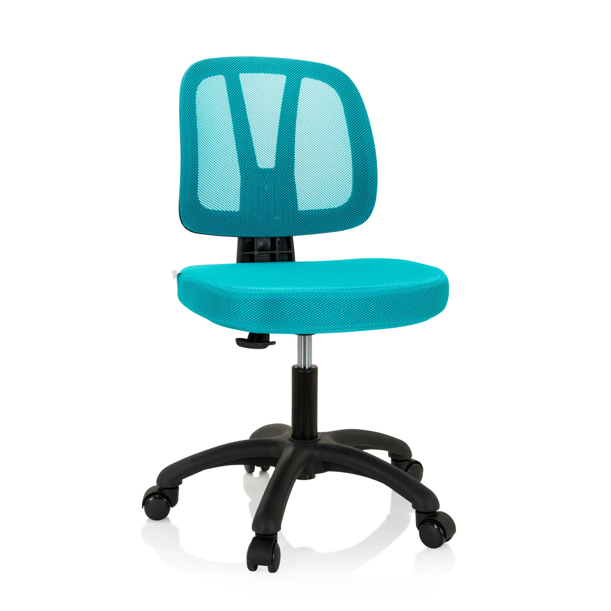 Sedia girevole per bambini KID YU 200 turchese con schienale in rete e base a cinque ruote di hjh OFFICE – vista a 360° (vista frontale 20°)