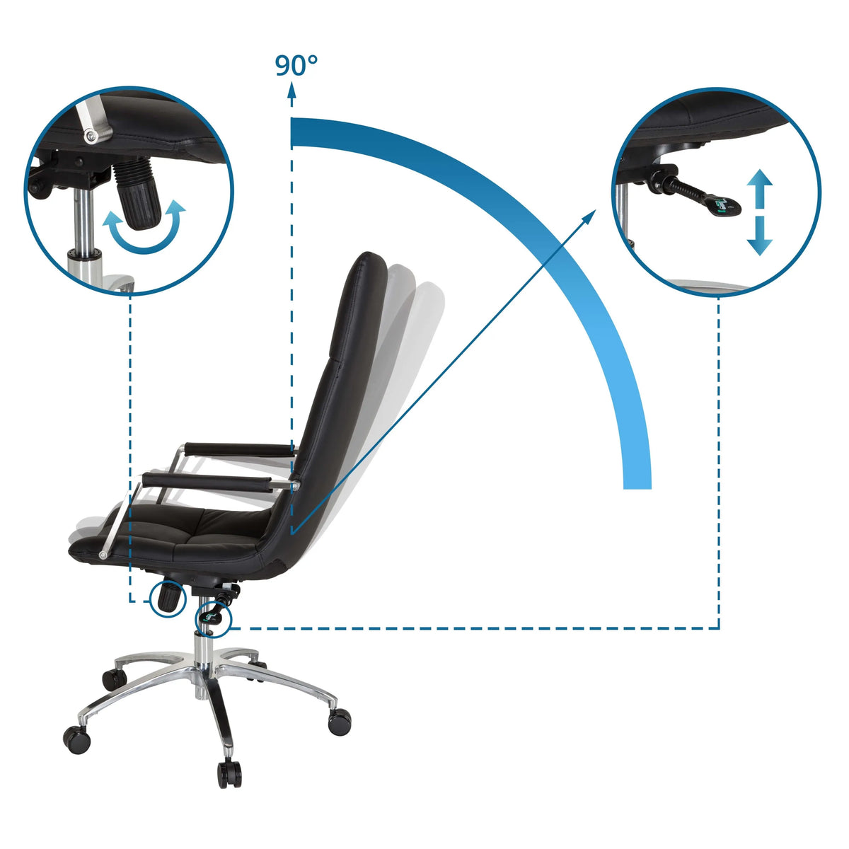 Schienale regolabile con angolo di reclinazione di 90° della Poltrona Home Office SARANTO PRO di hjh OFFICE