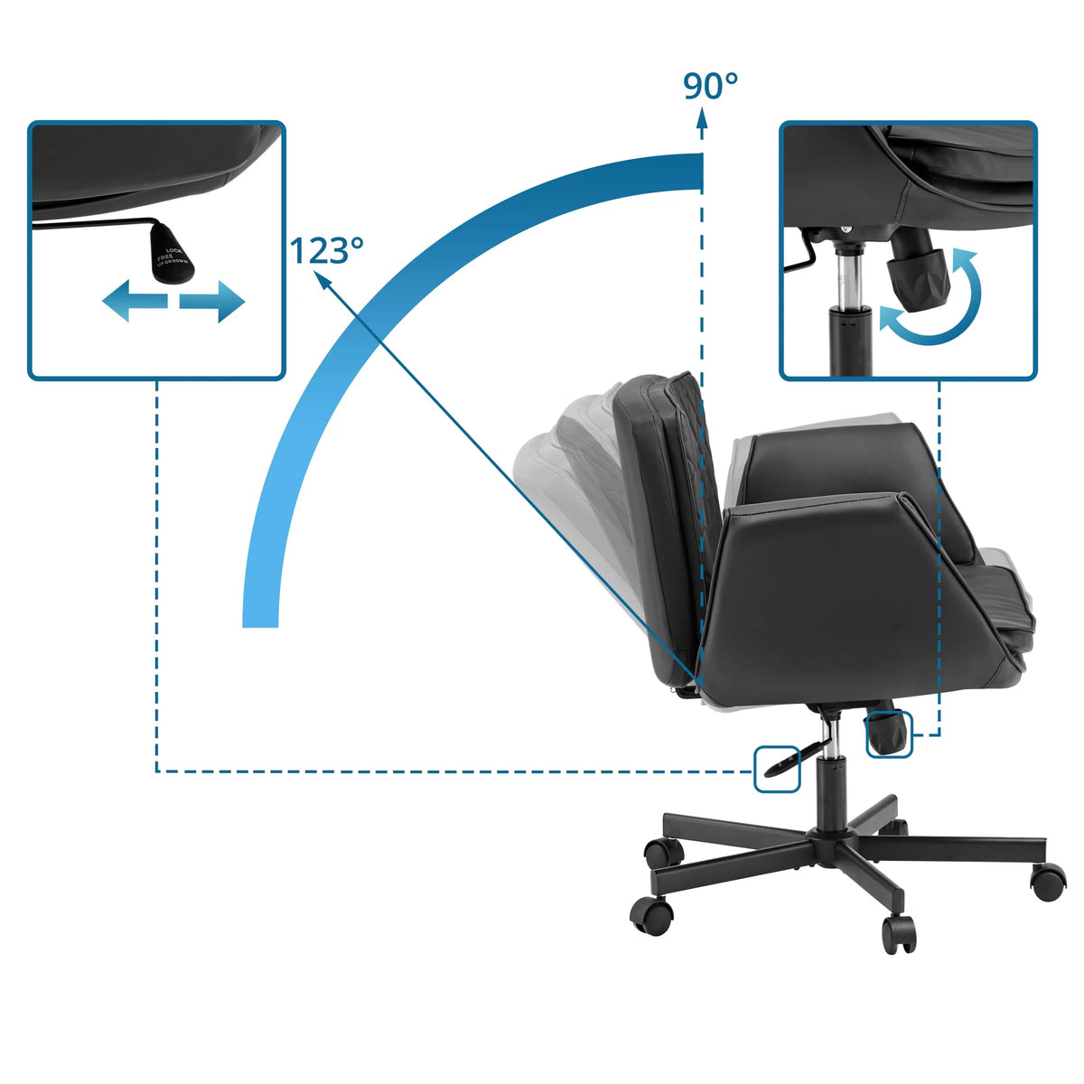 Schienale regolabile con angolo di inclinazione da 90° a 123° della Sedia Home Office Criss-Cross 10 di hjh LIVING