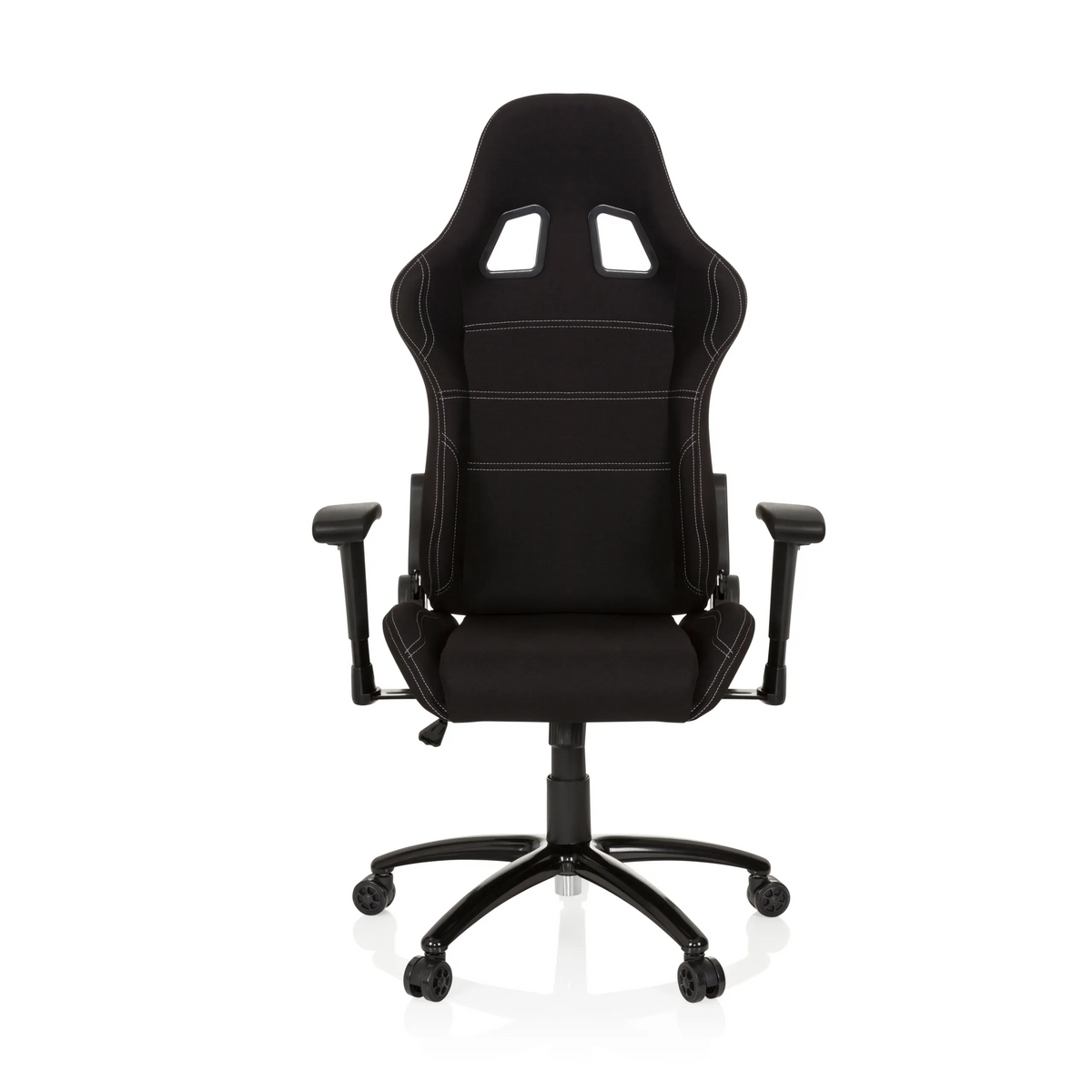 Sedia da gaming nera GAME FORCE con poggiatesta, braccioli e base a cinque ruote di hjh OFFICE – vista a 360° (vista frontale 0°)
