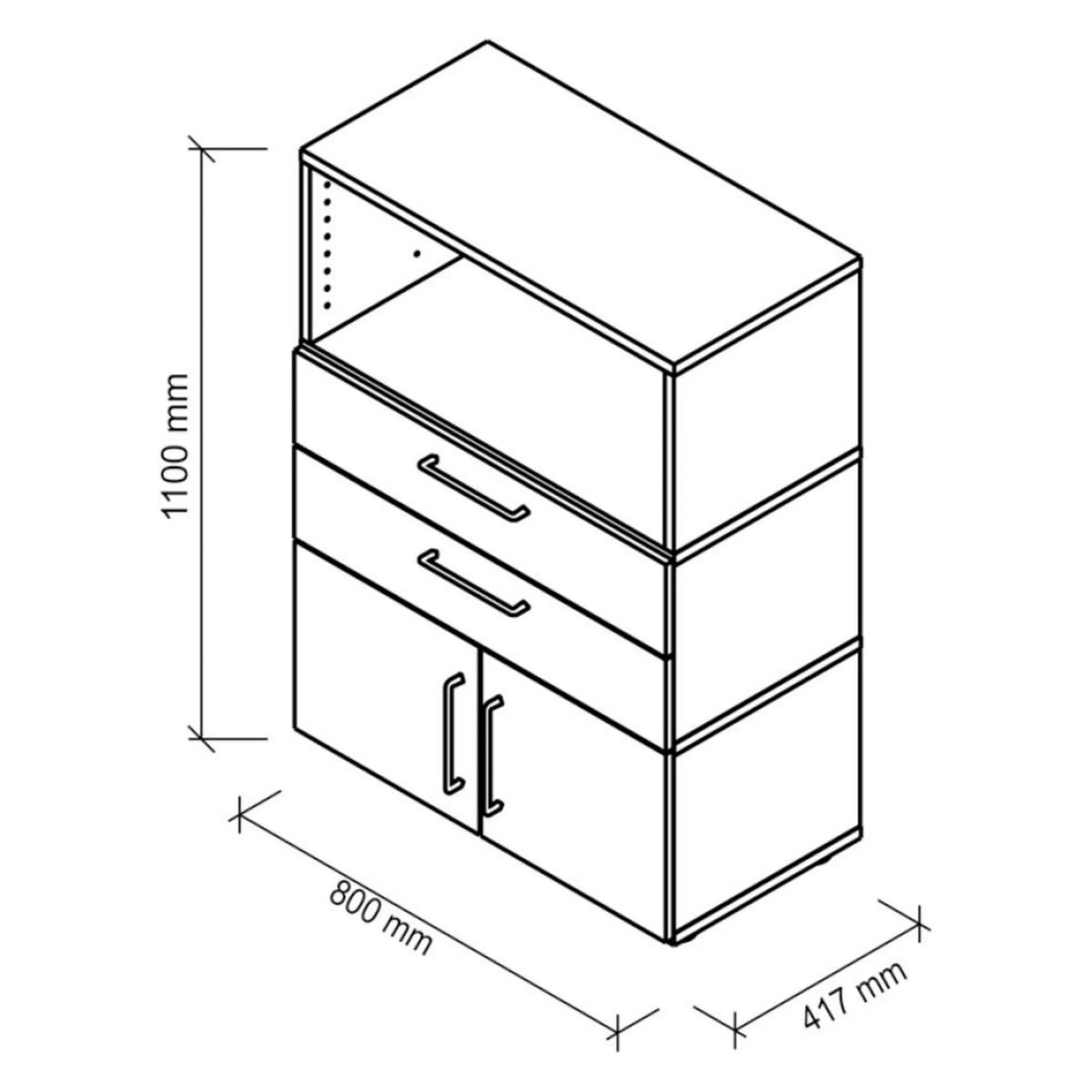 Disegno tecnico della madia FlexWall 1100 × 800 mm di hjh OFFICE PRO