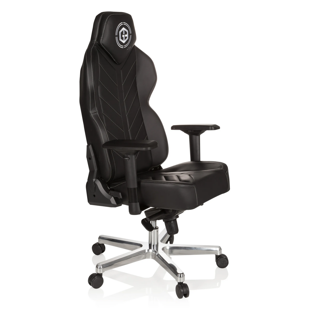 Sedia da gaming GAMEBREAKER COLOSSUS nera con braccioli e base lucida a cinque ruote di hjh OFFICE – vista a 360° (vista frontale a tre quarti 60°)