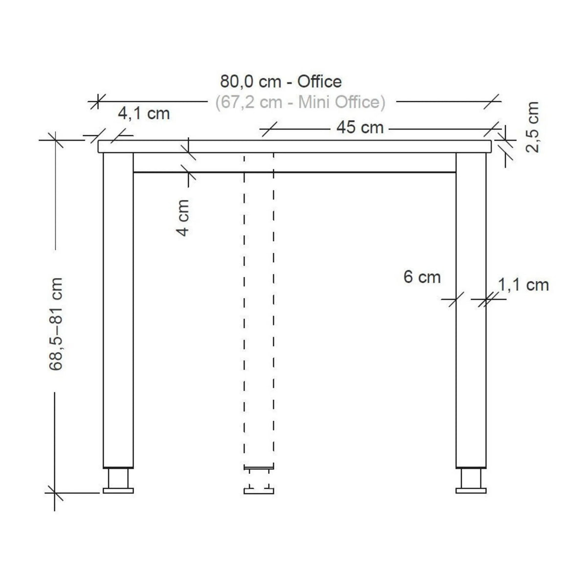 Maßzeichnung des höhenverstellbaren Schreibtischs QUEO 614 S mit einer Höhe von 68,5–81 cm von hjh OFFICE PRO