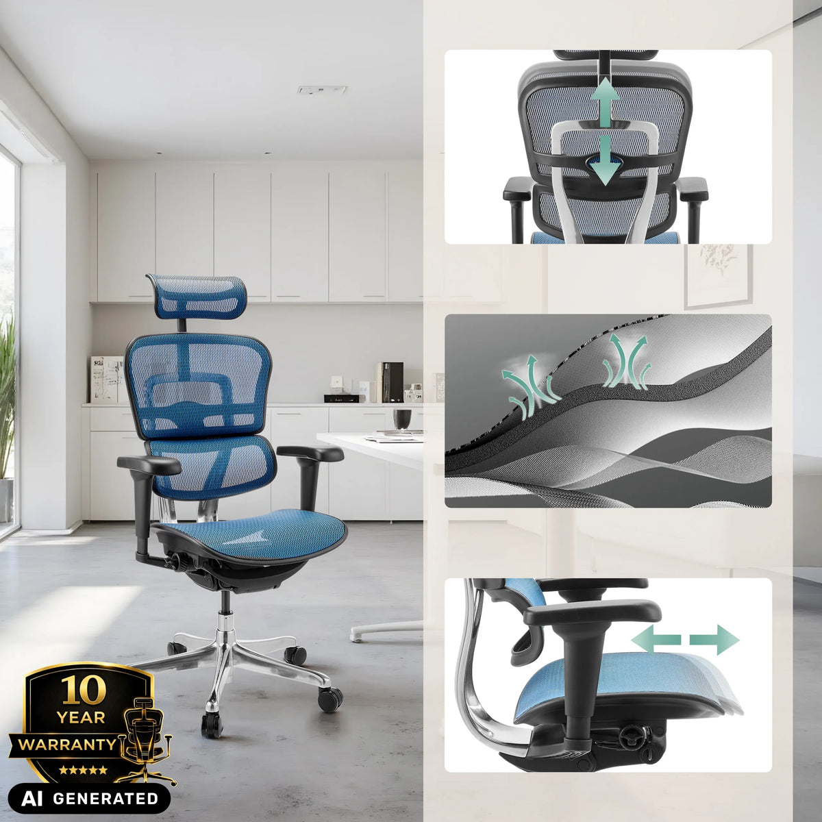 Poltrona di lusso ERGOHUMAN ULTRA GEN2 blu con funzioni regolabili di hjh OFFICE (immagine generata dall’IA)