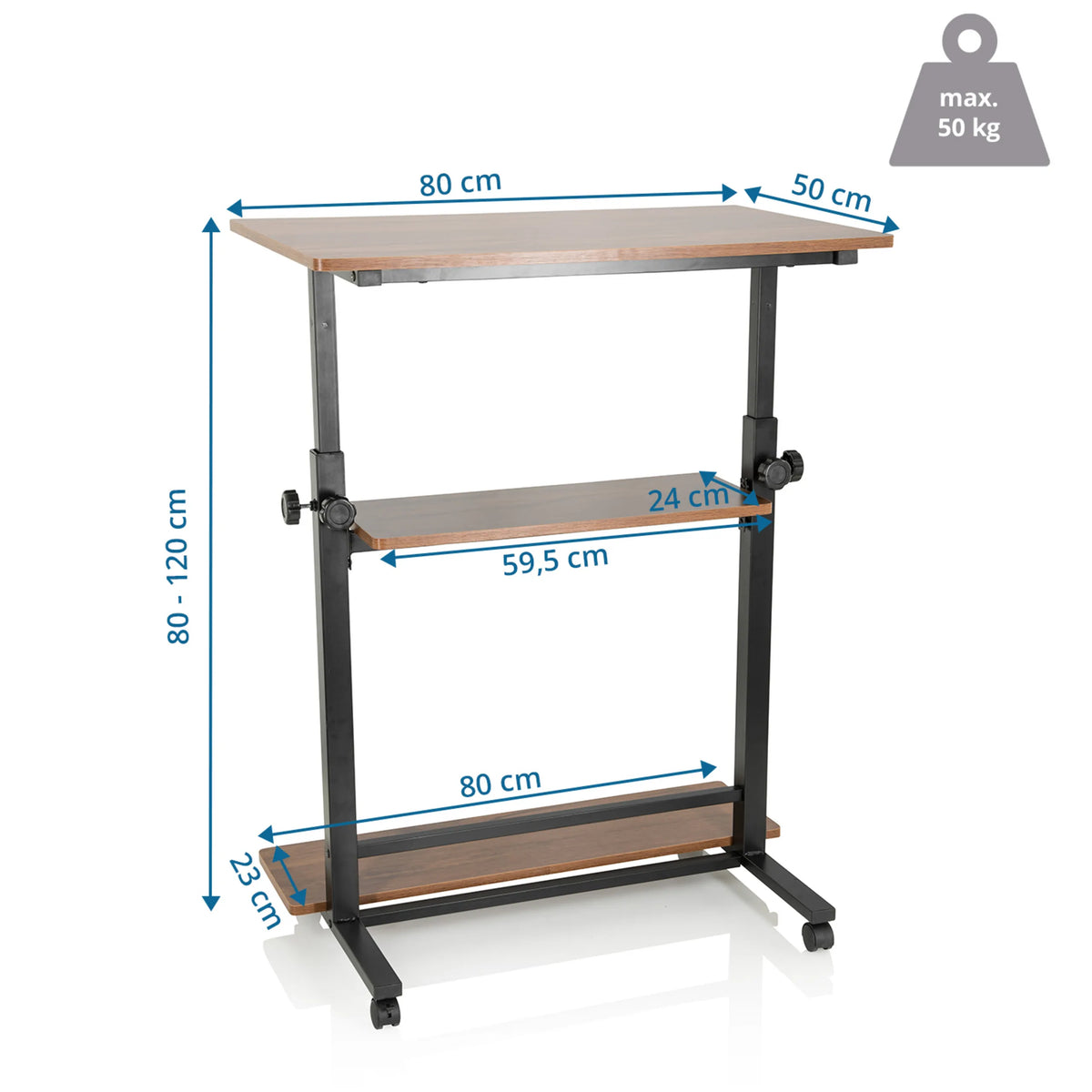 Maßzeichnung des Stehschreibtischs WORKSTATION II mit 80 × 50 cm und einer Höhe von 80 bis 120 cm von hjh OFFICE