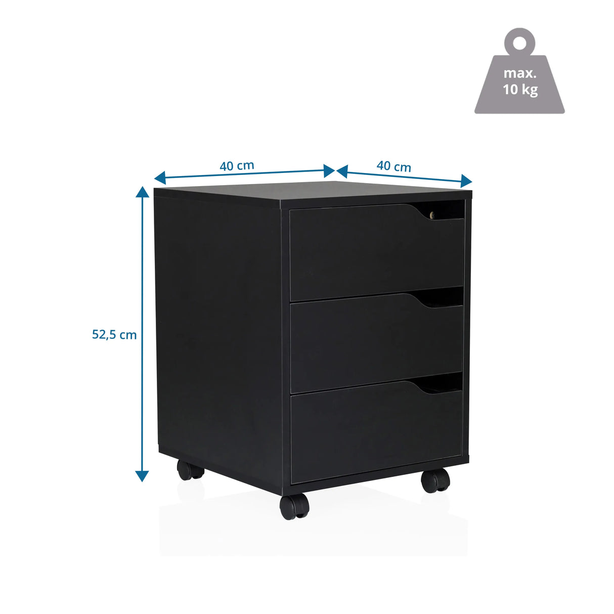 Disegno tecnico della cassettiera con rotelle ORGANISER I di 40 × 40 × 52,5 cm e carico massimo 10 kg di hjh OFFICE