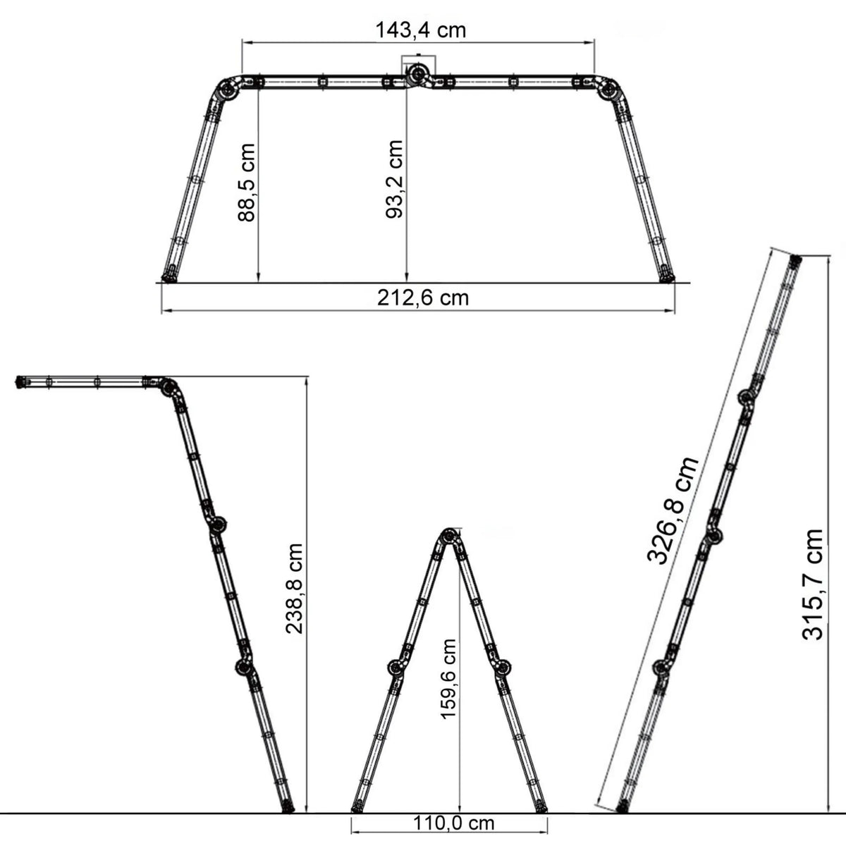 Disegno tecnico della Scala richiudibile SOLID W3 con una larghezza di 212,6 cm di hjh OFFICE