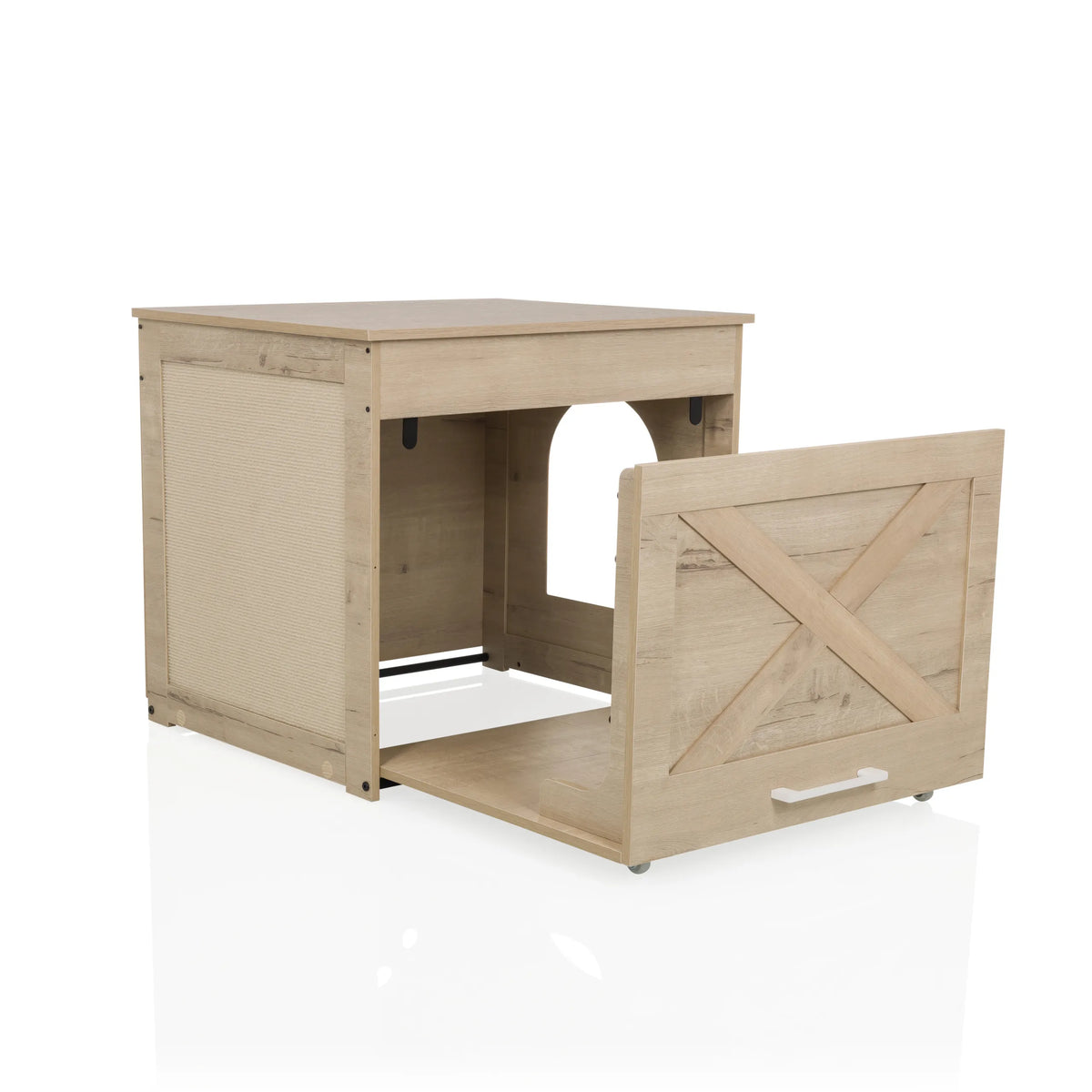 Cuccia per gatto KITTY PAWBOX 1 in effetto rovere con sportello frontale aperto e area relax integrata di hjh LIVING