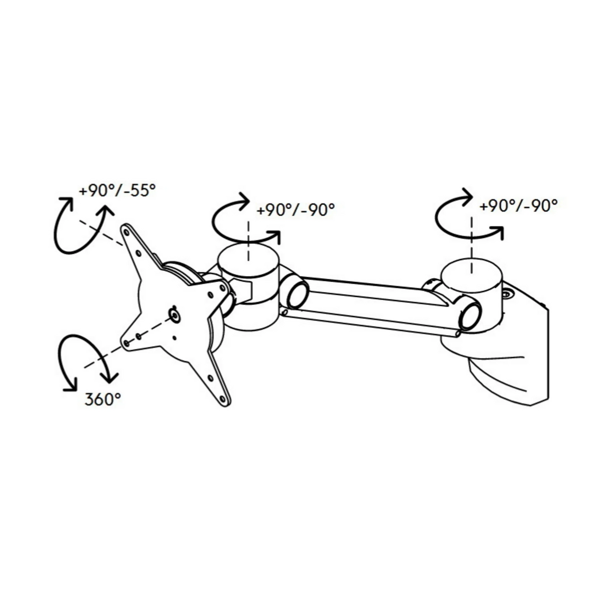Disegno tecnico del supporto per monitor ORGPF con indicazioni degli angoli di inclinazione e rotazione di hjh OFFICE PRO