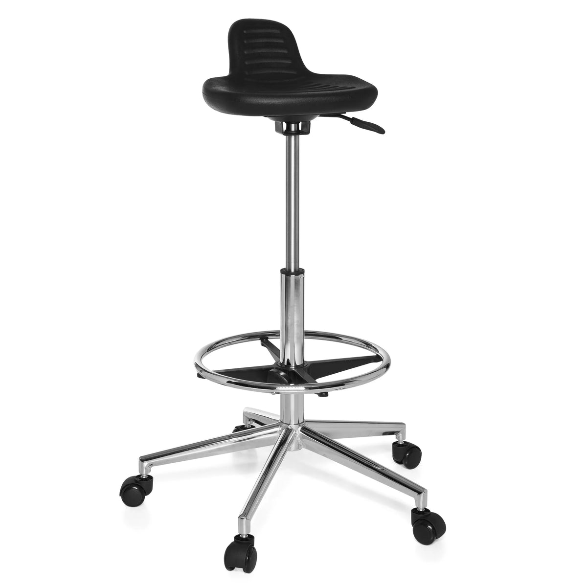 Sgabello girevole nero TOP WORK 03 con poggiapiedi e base a cinque ruote di hjh OFFICE – vista a 360° (vista frontale 20°)