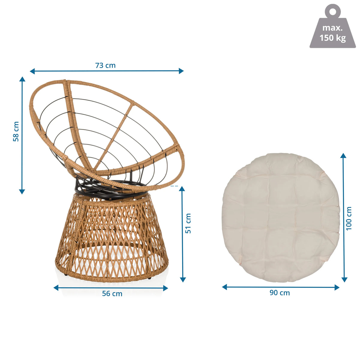 Disegno tecnico della Sedia da esterno WEAVORA con 73 × 58 cm e carico massimo di 150 kg di hjh LIVING