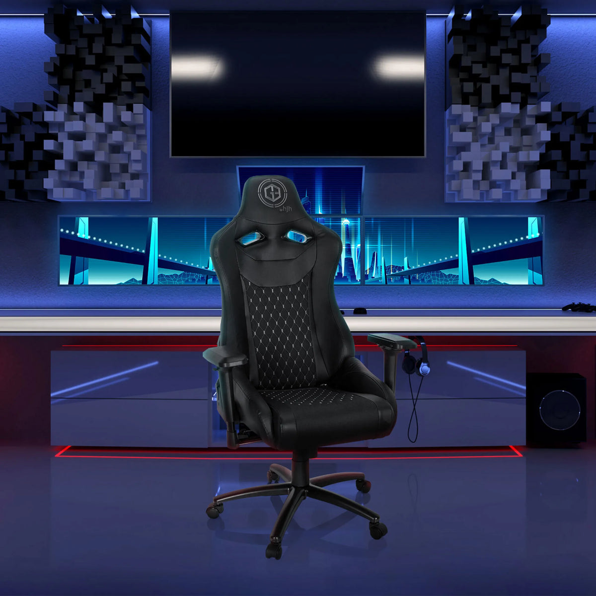 Sedia da gaming nera GAMEBREAKER SX 04 con design a cuciture trapuntate e braccioli regolabili di hjh OFFICE