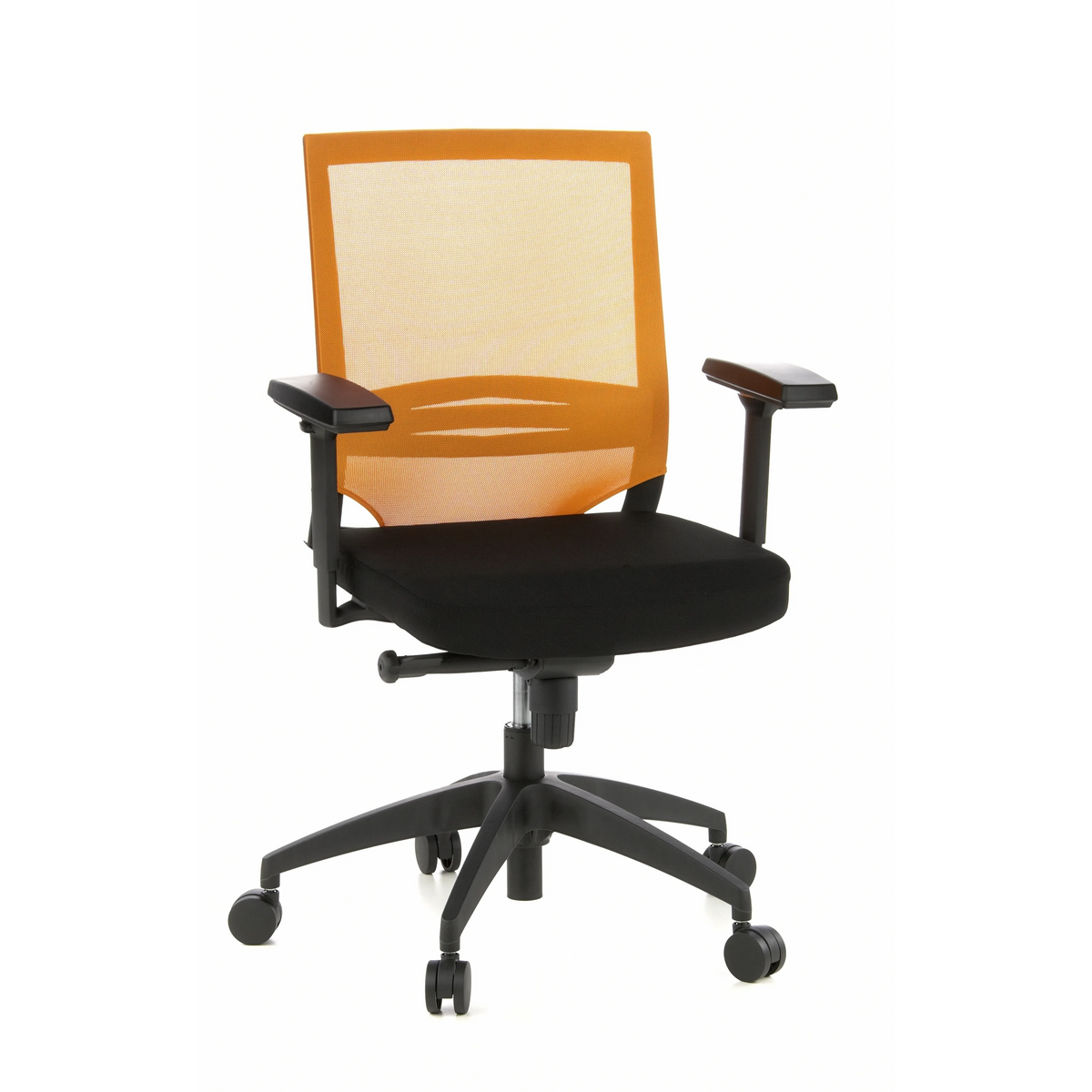 Sedia da ufficio professionale PORTO BASE nero-arancione con schienale in rete e base a cinque ruote di hjh OFFICE – vista a 360° (vista frontale 20°)