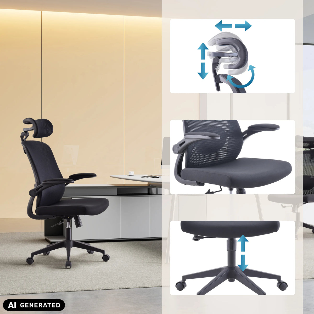 Sedia Home Office Vertuflex in nero con poggiatesta e braccioli regolabili di MyBuero (immagine generata dall’IA)