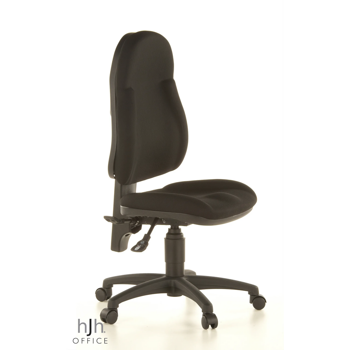 Sedia Home Office WELLPOINT 10 nera con base a stella e cinque rotelle di Topstar – vista a 360° (vista frontale a tre quarti 60°)