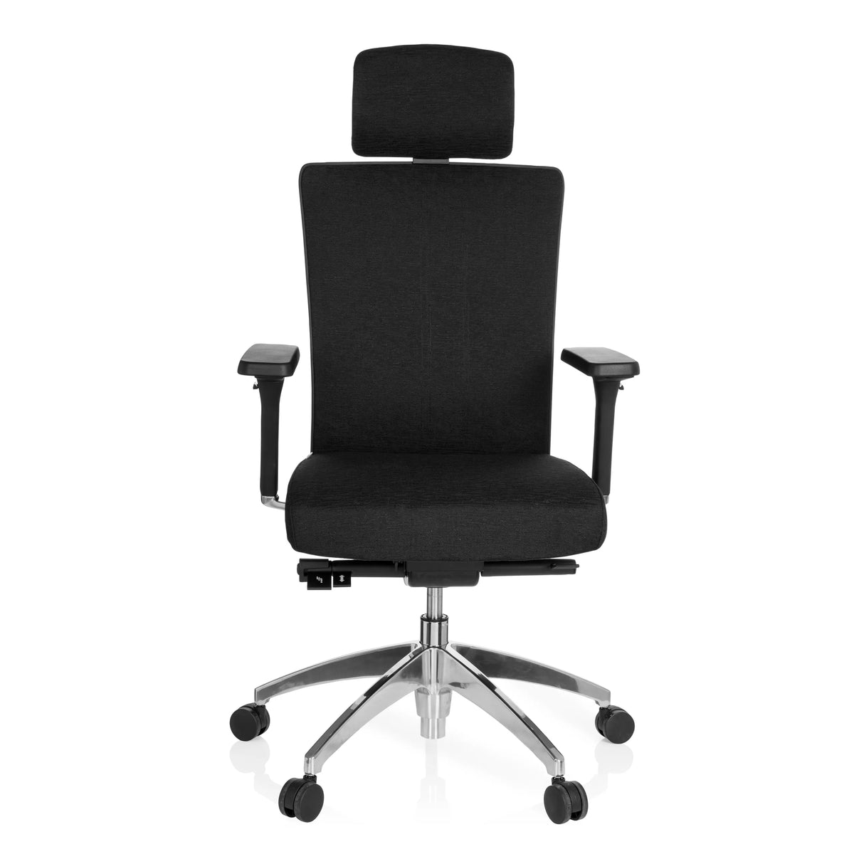 Sedia da ufficio professionale ASTRA LUX nera con poggiatesta, braccioli e base a cinque ruote di hjh OFFICE – vista a 360° (vista frontale 0°)