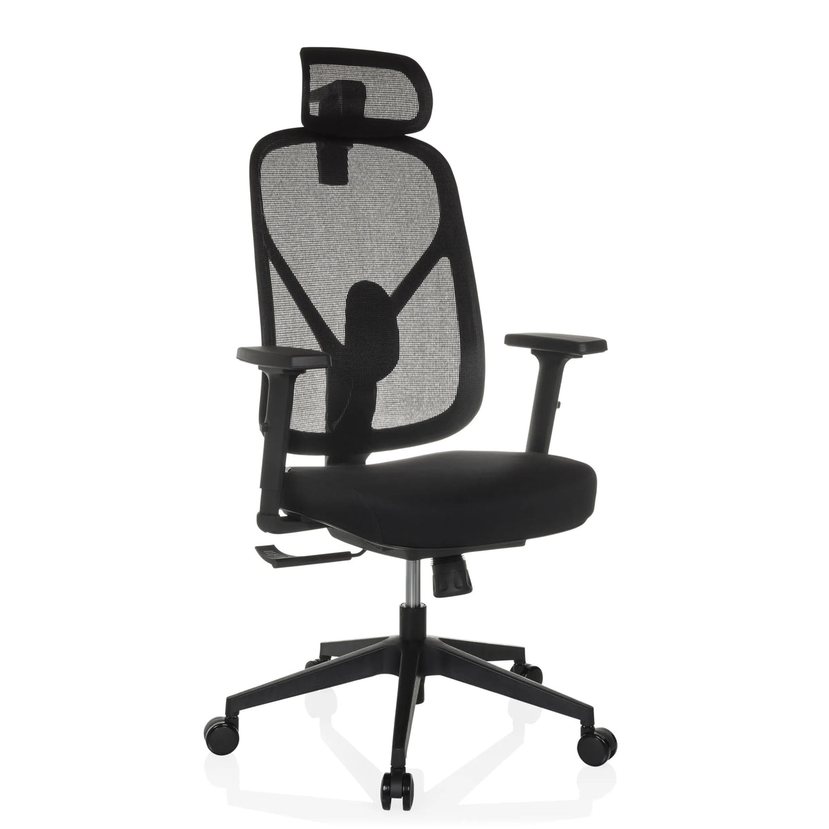 Sedia da ufficio professionale RALOO ECO nera con schienale in rete e base a cinque ruote di hjh OFFICE – vista a 360° (vista frontale a tre quarti 30°)