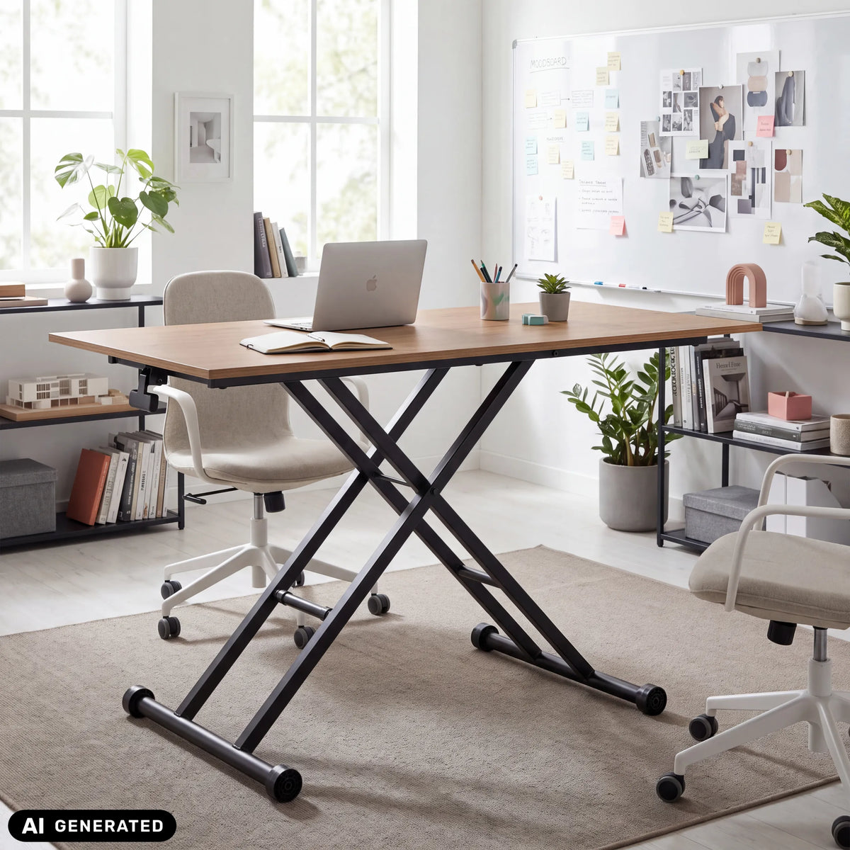 Scrivania Worktime Lift in rovere e nero con struttura a X e ruote di hjh OFFICE