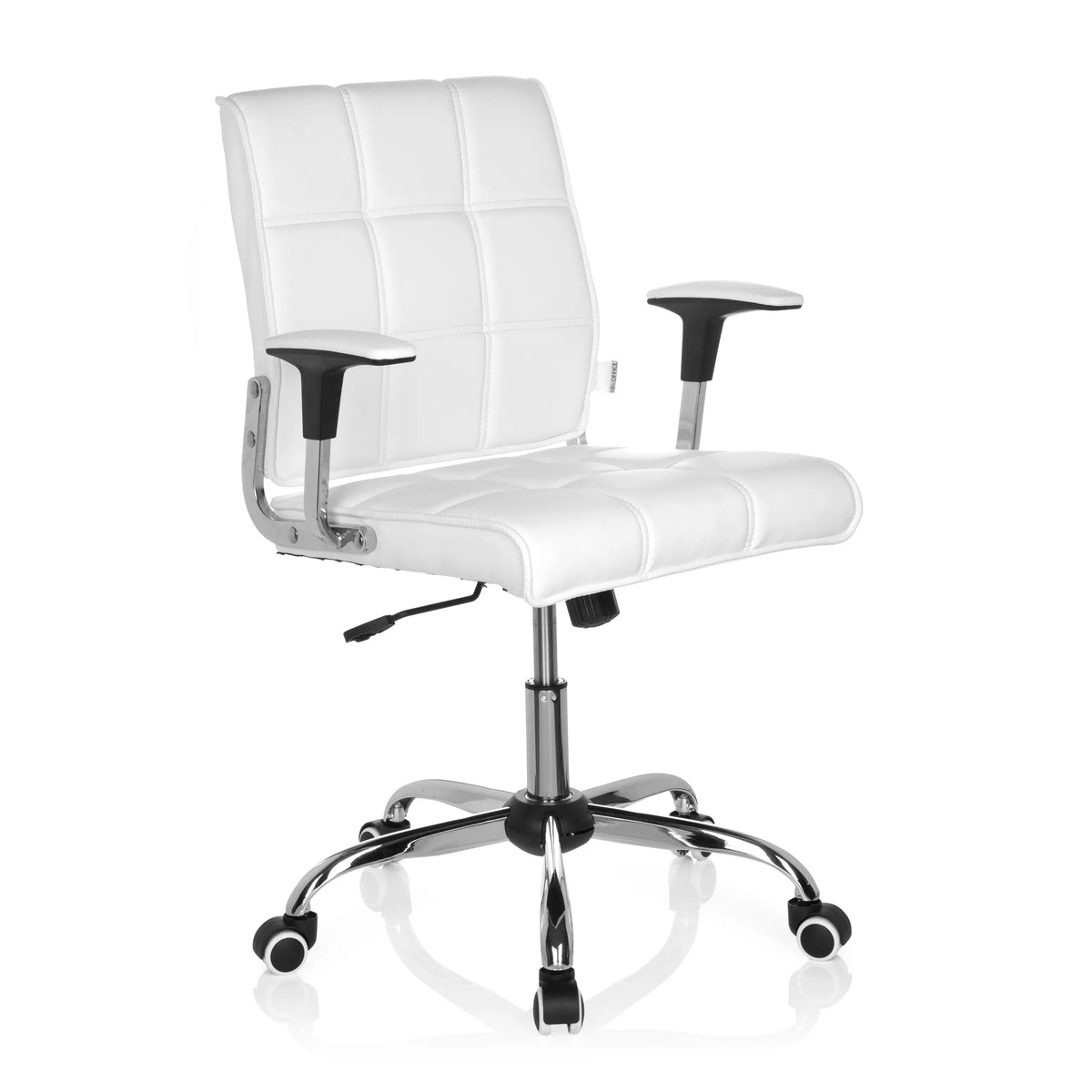 Sedia Home Office ERNESTO bianca con imbottitura trapuntata e base a cinque ruote di hjh OFFICE – vista a 360° (vista frontale a tre quarti 40°)