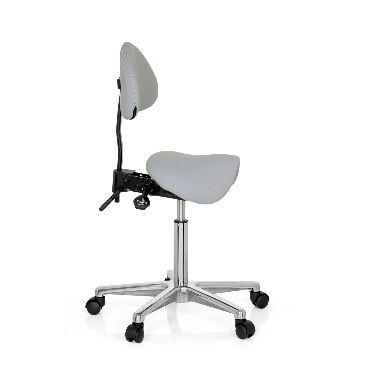 Sgabello a sella TOP WORK 20 grigio con schienale e base a cinque ruote di hjh OFFICE – vista a 360° (profilo laterale 80°)