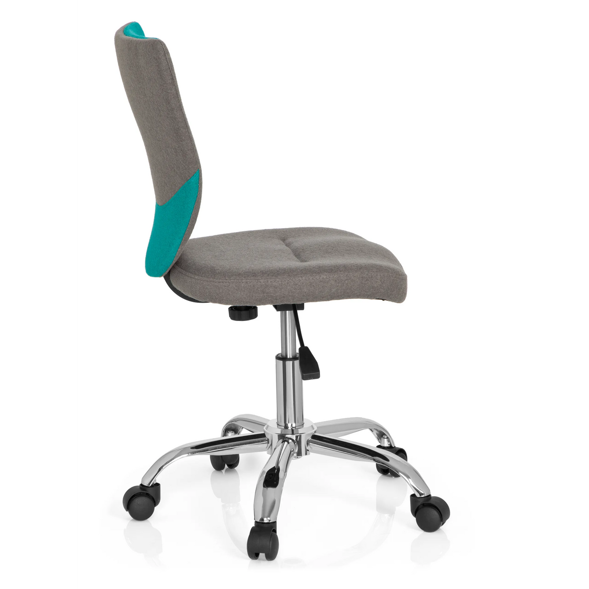 Sedia girevole per bambini KIDDY COMFORT grigio-turchese con base a stella e cinque rotelle di hjh OFFICE – vista a 360° (profilo laterale 100°)