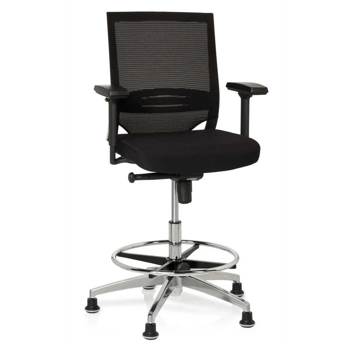 Sedia da banco TOP WORK 77 nera con schienale in rete, poggiapiedi e cinque piedini di hjh OFFICE – vista a 360° (vista frontale 20°)