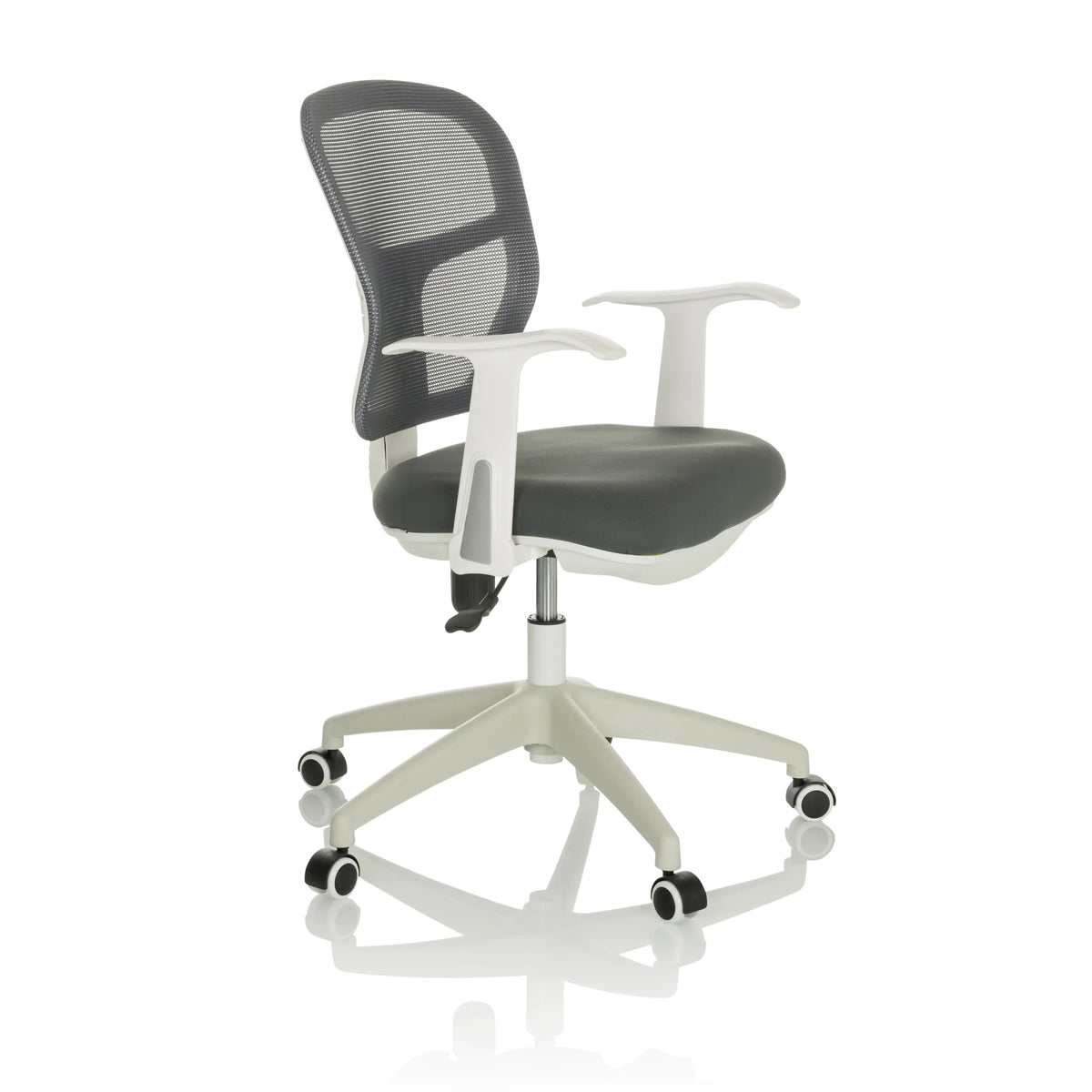 Sedia Home Office TOP 108 W grigia con schienale in rete e base a cinque ruote di hjh OFFICE – vista a 360° (vista frontale a tre quarti 60°)