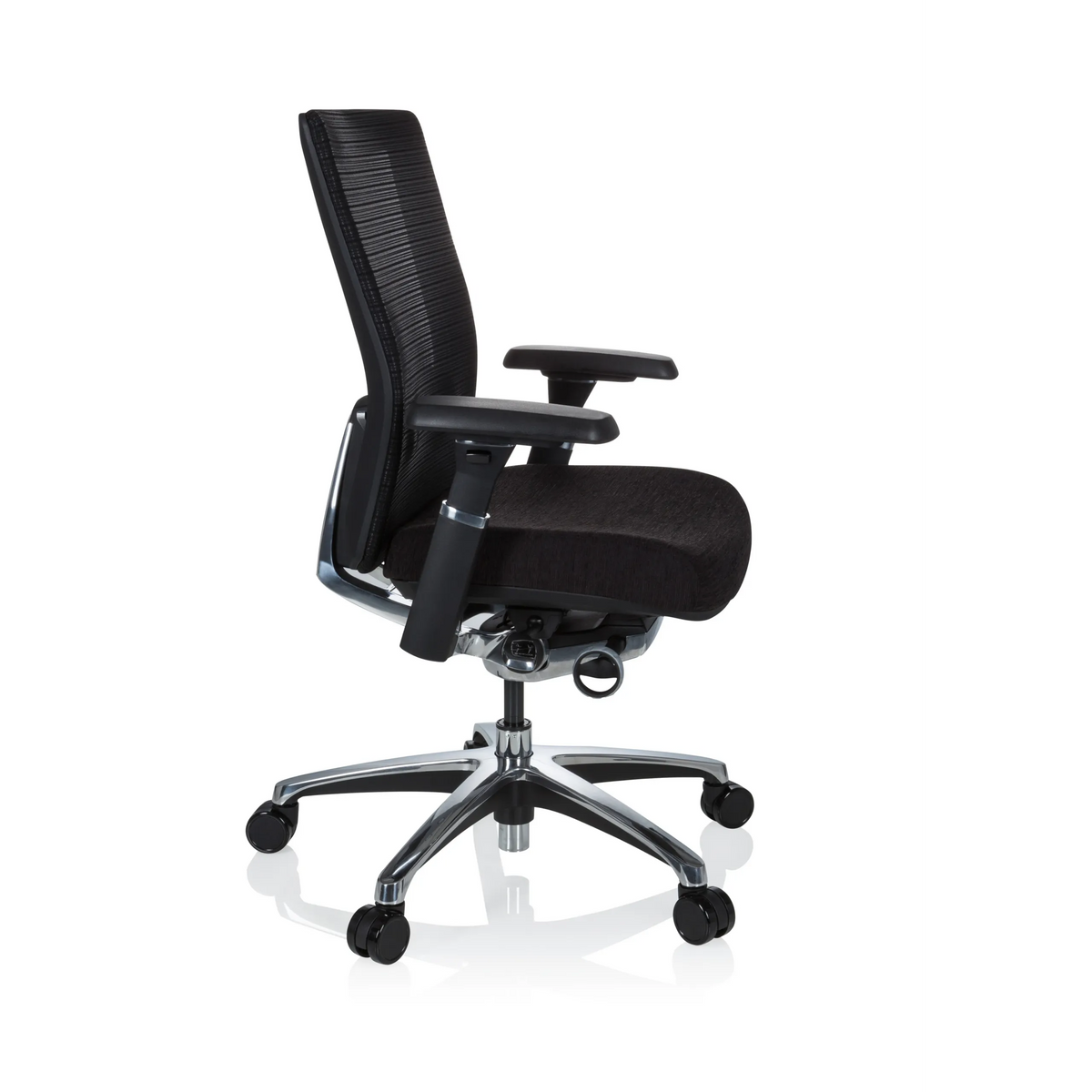 High-end Sedia da ufficio NOVA PRO ALU nera con schienale in rete e base a cinque ruote di hjh OFFICE – vista a 360° (profilo laterale 80°)