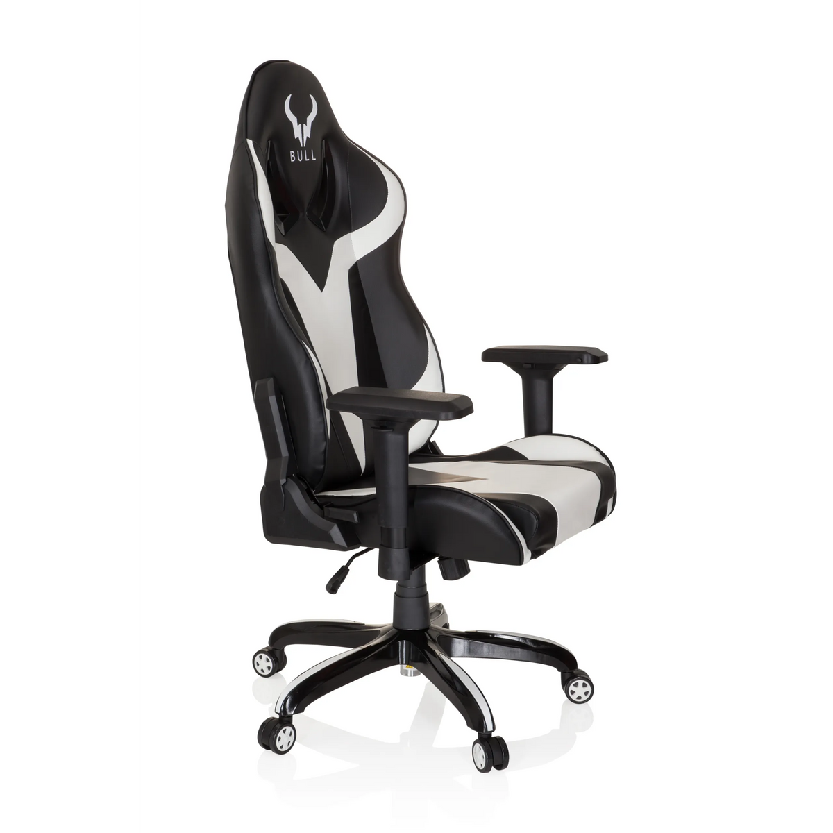 Sedia da gaming PROMOTER I bianca e nera con braccioli e base a cinque ruote di hjh OFFICE – vista a 360° (vista frontale a tre quarti 60°)