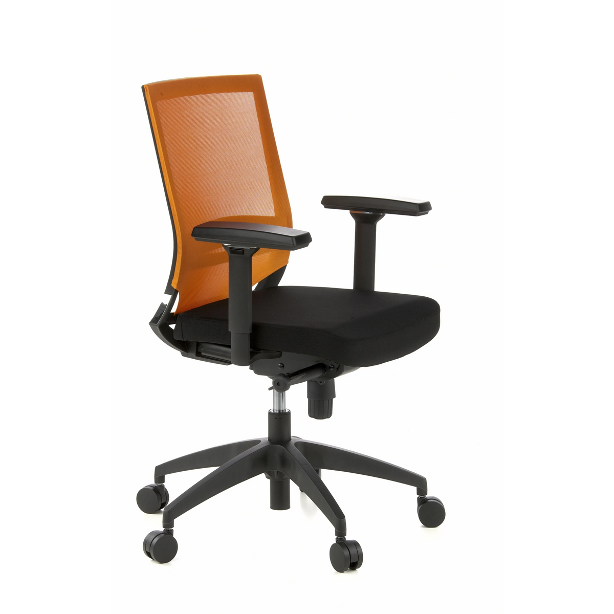 Sedia da ufficio professionale PORTO BASE nero-arancione con schienale in rete e base a cinque ruote di hjh OFFICE – vista a 360° (vista frontale a tre quarti 60°)
