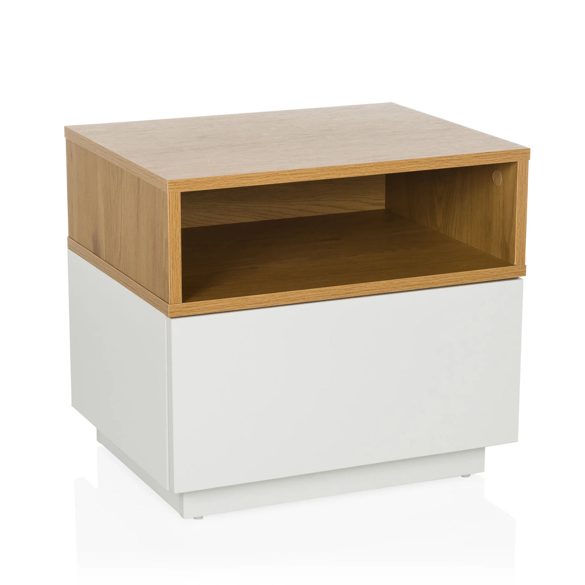 Tavolino MELMO bianco con un ripiano effetto rovere di hjh LIVING – vista a 360° (vista frontale 15°)