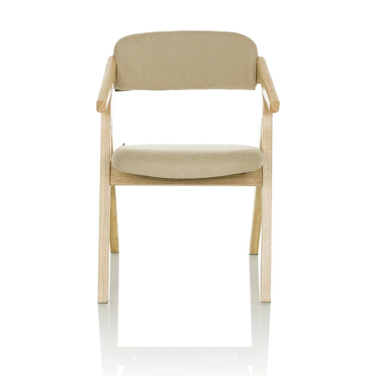 Sedia pieghevole SCANDIO beige con braccioli e struttura in legno di hjh OFFICE – vista a 360° (vista frontale 0°)