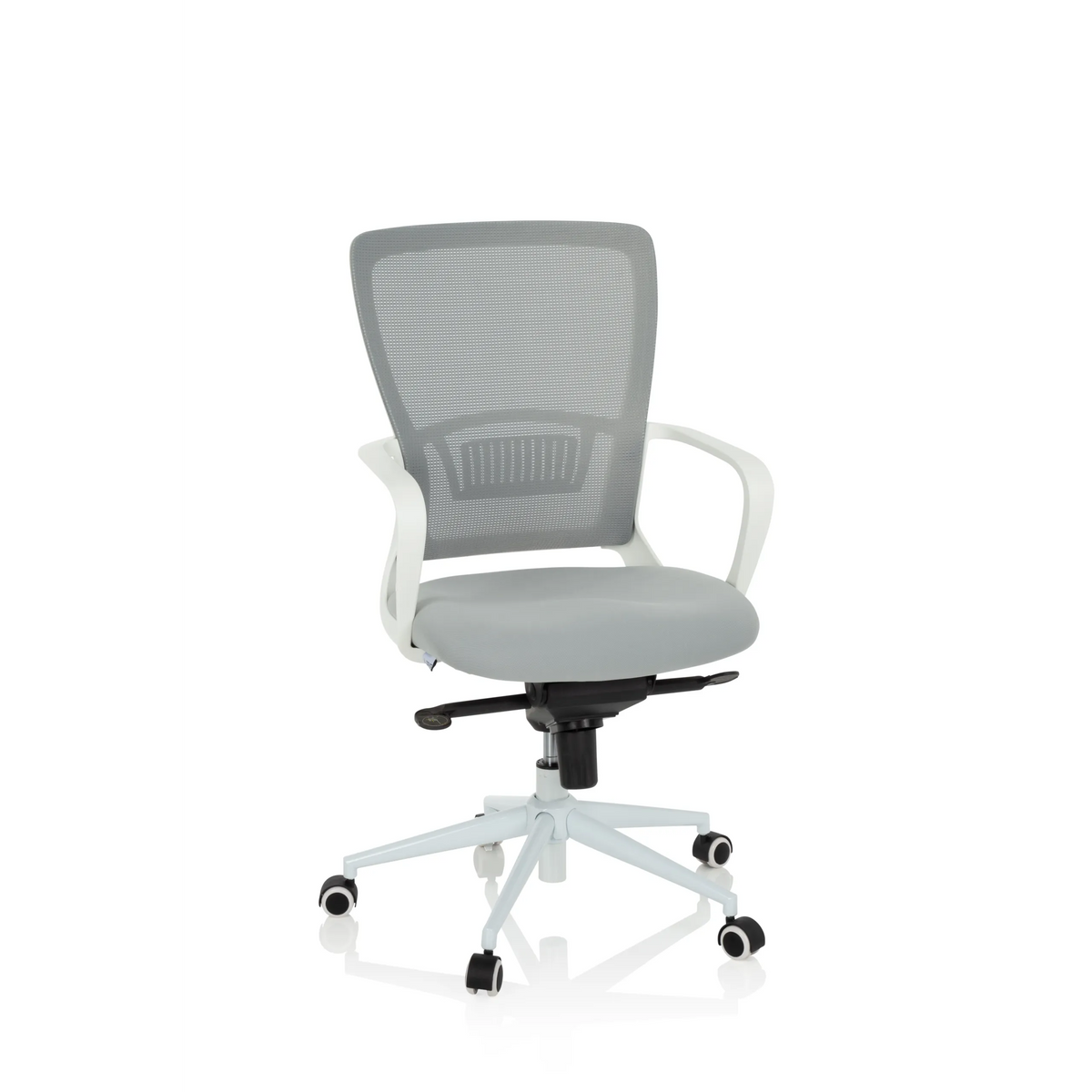 Sedia Home Office ESTRIA grigia con schienale in rete e base a cinque ruote di hjh OFFICE – vista a 360° (vista frontale 20°)