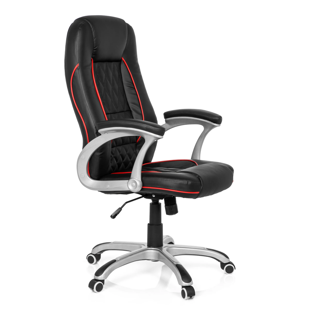 Sedia da gaming RELAX AB100 nera con cuciture decorative rosse, trapuntatura e base a cinque ruote di MyBuero – vista a 360° (vista frontale a tre quarti 60°)