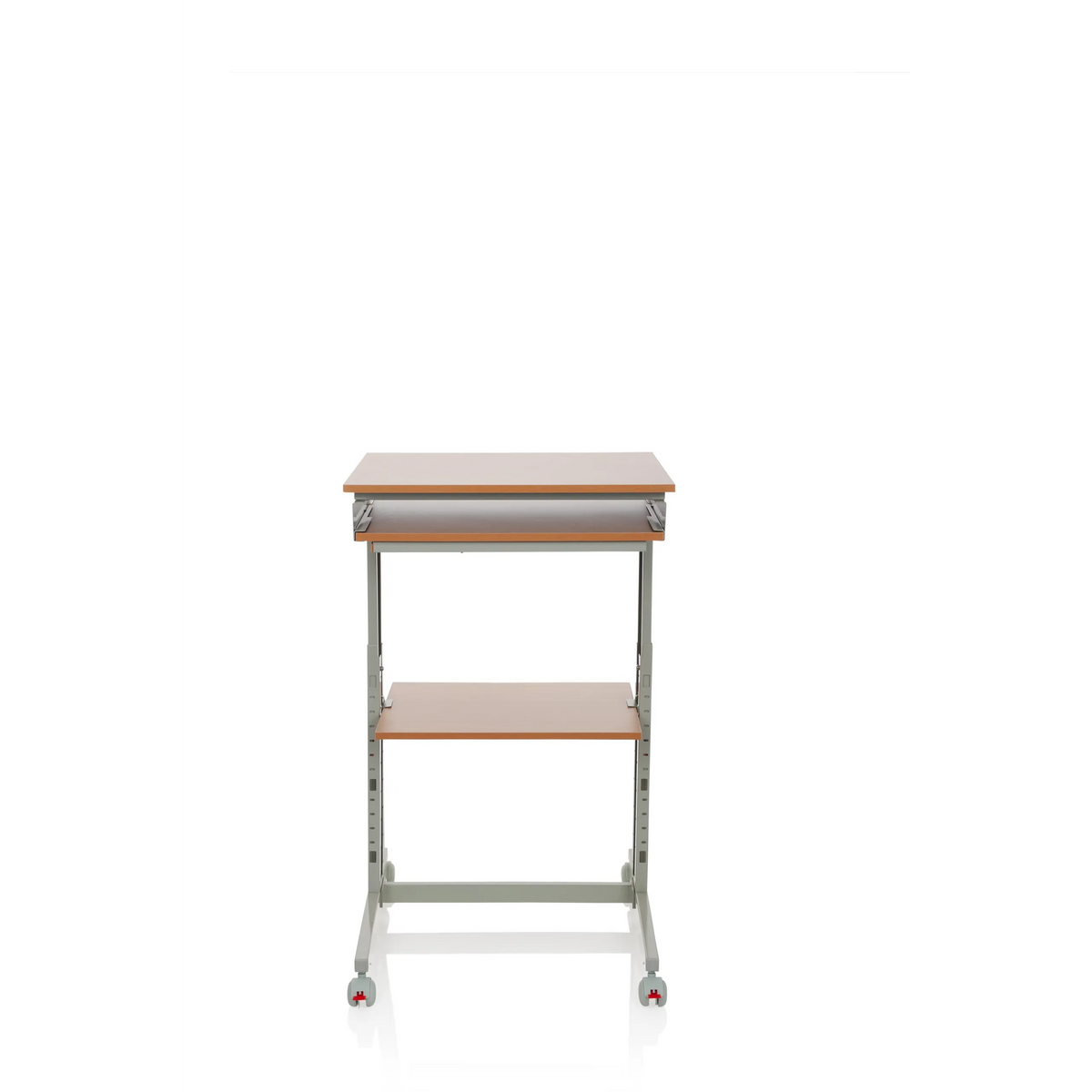 Scrivania in piedi WORKSTATION grigia in faggio con superficie d'appoggio e quattro ruote di hjh OFFICE – vista a 360° (vista frontale 0°)