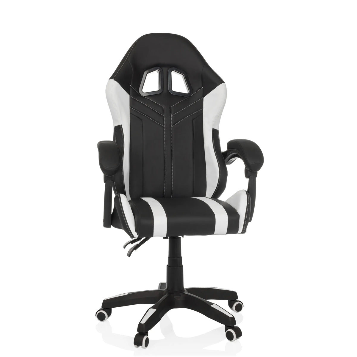 Sedia da gaming GAMEBREAKER W02 bianca e nera con base a cinque ruote di MyBuero – vista a 360° (vista frontale 15°)