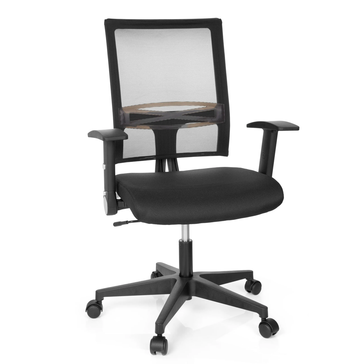 Sedia Home OFFICE R8 nera con schienale in rete e base a cinque ruote di hjh OFFICE – vista a 360° (vista frontale 20°)