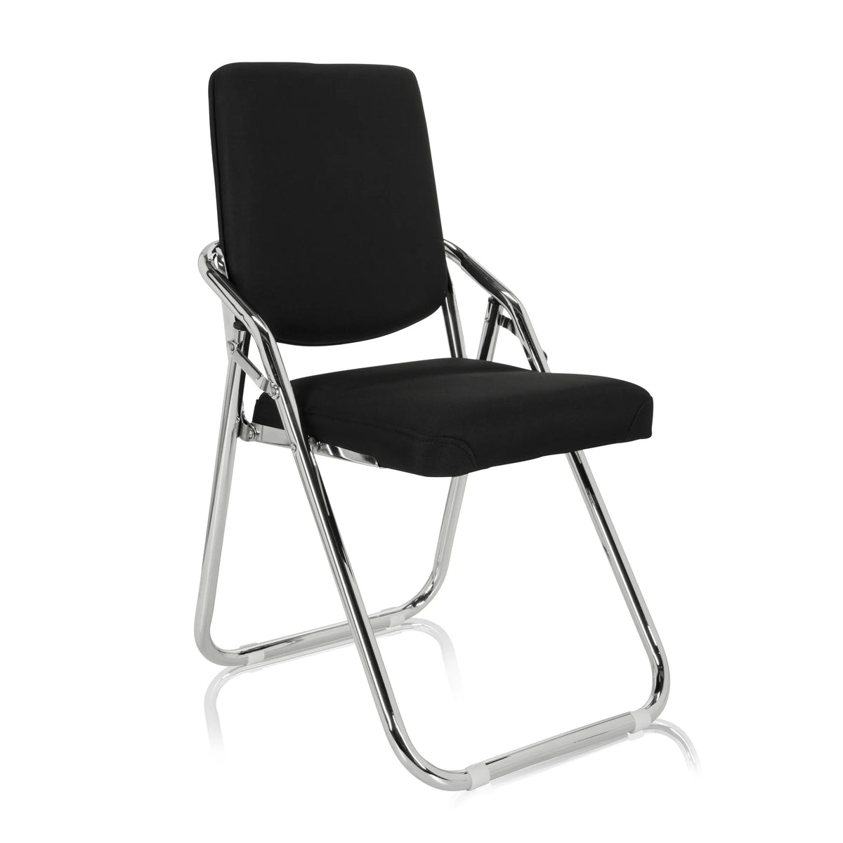 Sedia pieghevole ESTO nera con rivestimento in tessuto e struttura cromata di hjh OFFICE – vista a 360° (vista frontale a tre quarti 40°)