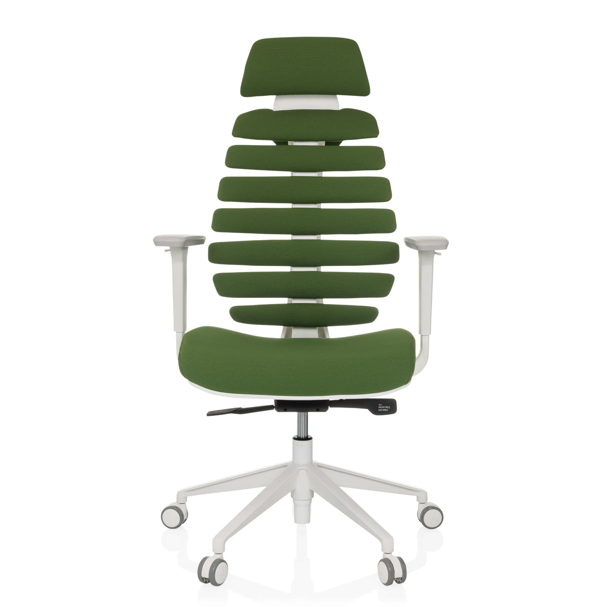 Sedia da ufficio professionale ERGO LINE W verde con schienale segmentato e base bianca a cinque ruote di hjh OFFICE – vista a 360° (vista frontale 0°)