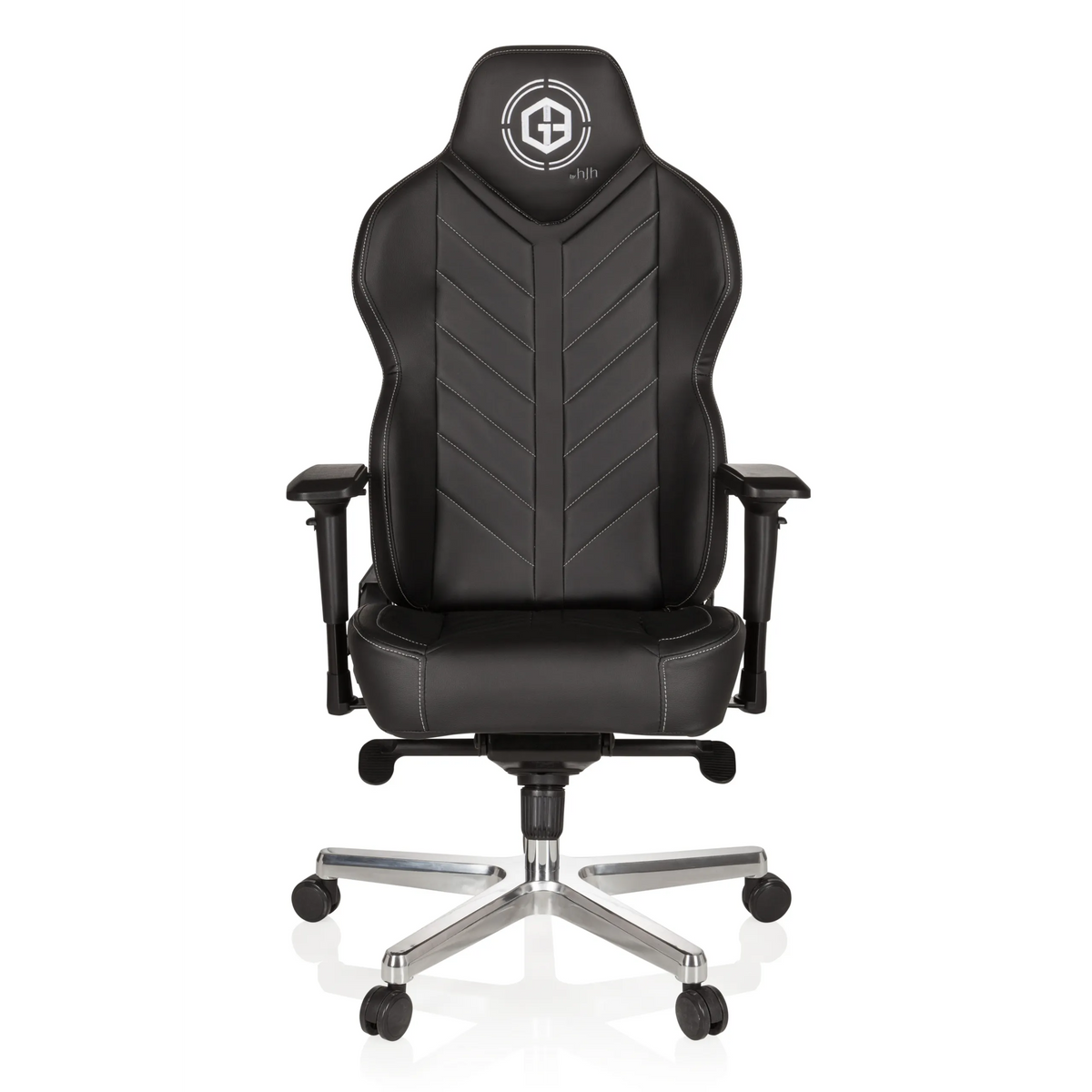 Sedia da gaming GAMEBREAKER COLOSSUS nera con braccioli e base lucida a cinque ruote di hjh OFFICE – vista a 360° (vista frontale 0°)