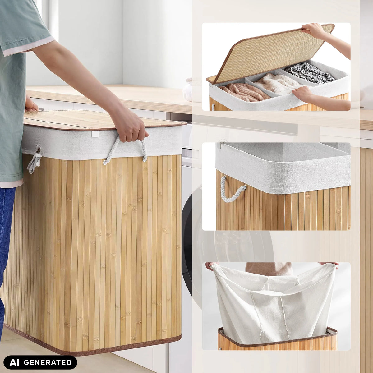 Cesto per il bucato FALSTER XXL B in bambù con sacca in tessuto bianco, coperchio e maniglie integrate di hjh LIVING