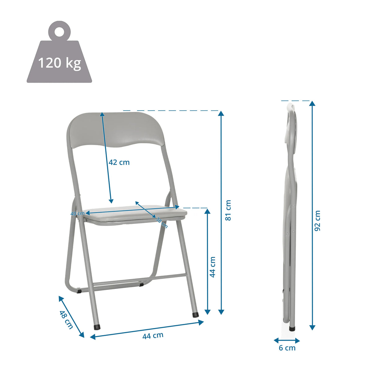 Disegno tecnico della Sedia pieghevole TUDELA BASIC con un'altezza totale di 92 cm e una portata di 120 kg di hjh OFFICE