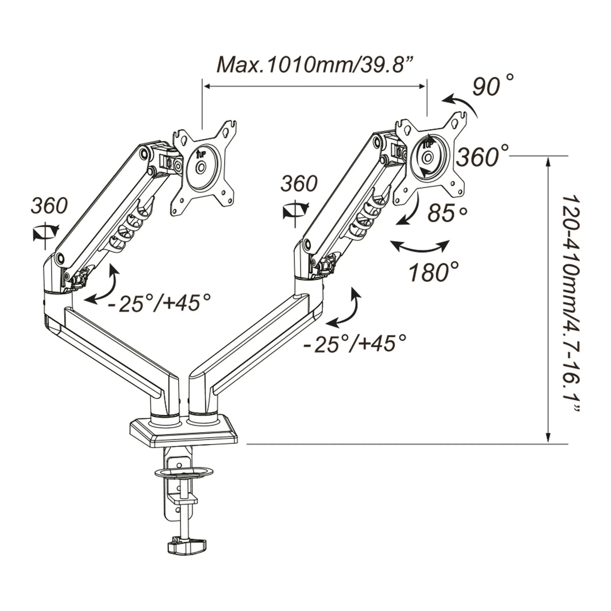 Disegno tecnico del Supporto per monitor Ergomount GF2 con una larghezza massima di 1010 mm di hjh OFFICE