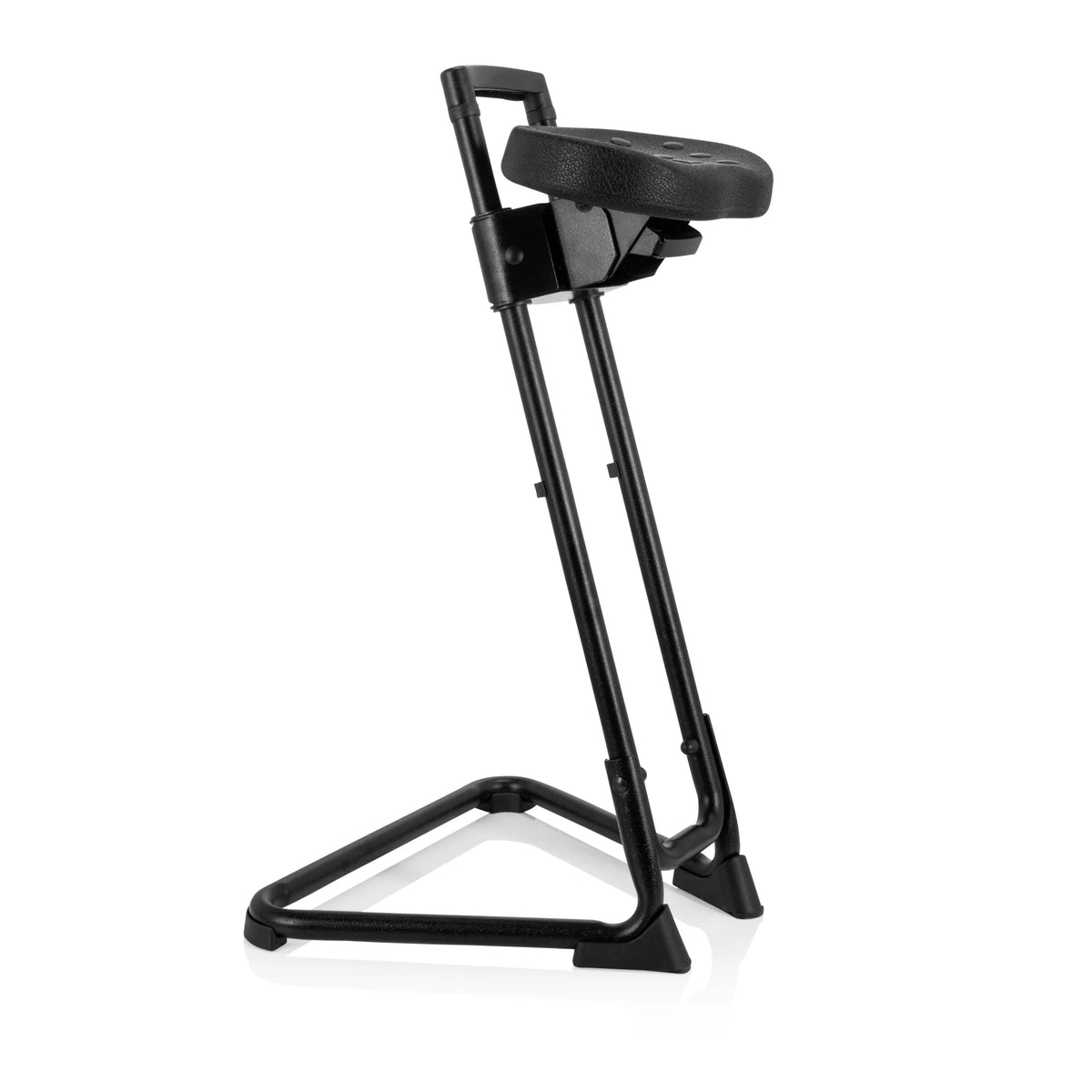 Ausilio per la posizione eretta TOP WORK 32 nero con seduta imbottita e base a U di hjh OFFICE – vista a 360° (vista frontale a tre quarti 60°)