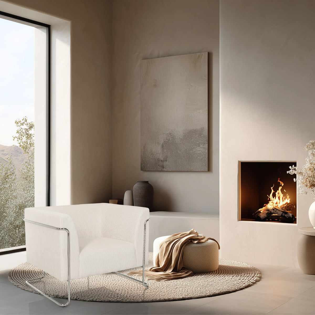 Poltrona Lounge Curacao Cord bianca con una struttura metallica continua di hjh LIVING