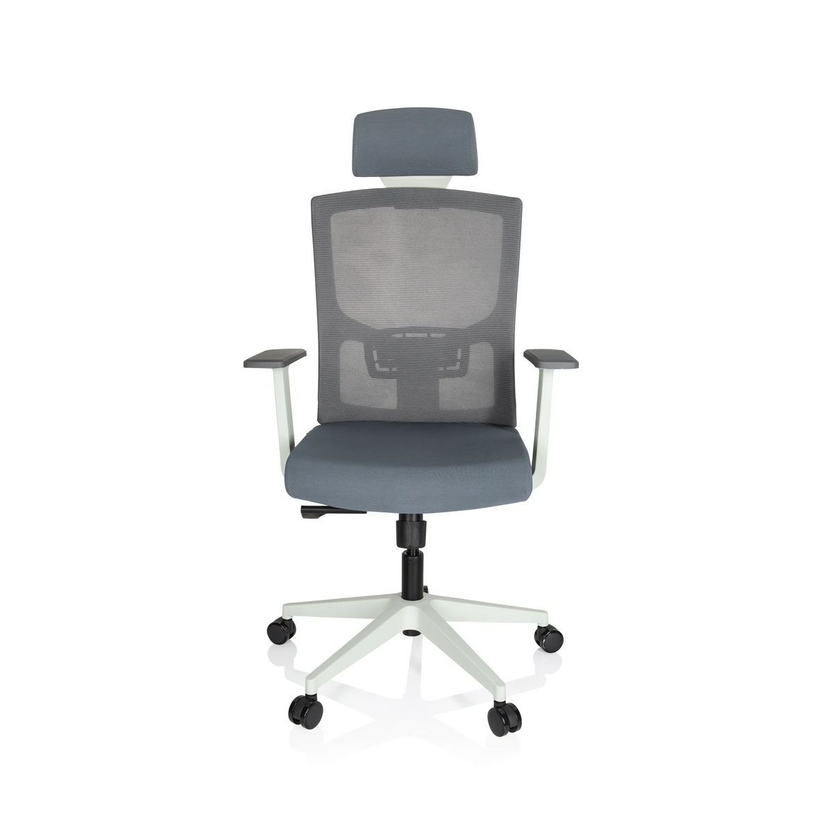 Sedia da ufficio professionale CAPTIVO BASE W grigia con schienale a rete, poggiatesta e base bianca di hjh OFFICE – vista a 360° (vista frontale 0°)