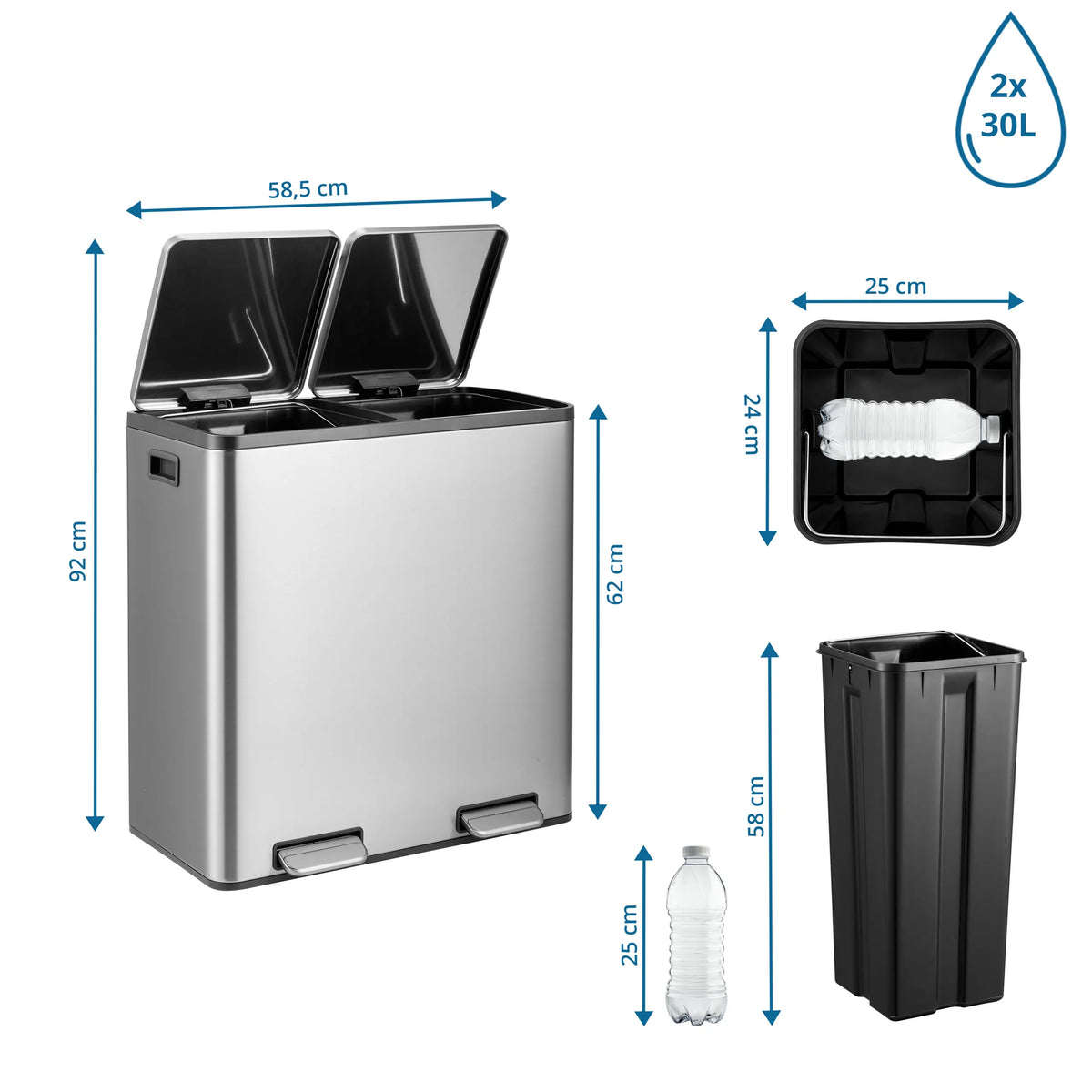 Disegno tecnico dei cestini Clean 13 S con altezza di 92 cm e due contenitori da 30 litri di hjh OFFICE
