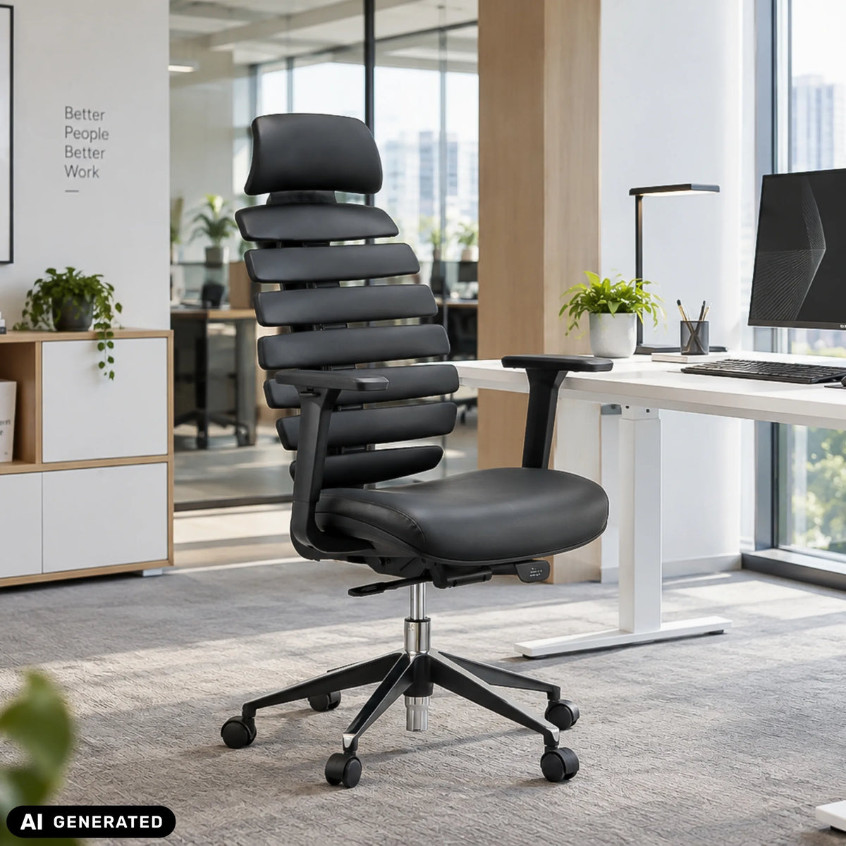 Sedia da ufficio professionale ERGO LINE II PRO nera in pelle con schienale segmentato di hjh OFFICE (immagine generata dall’IA)