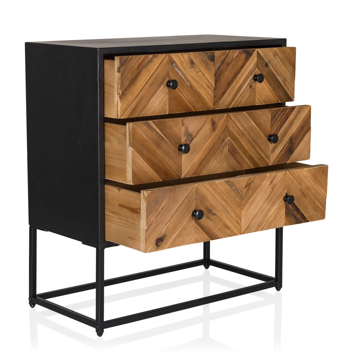 Madia SANTJAGO BLACK SUN L con tre cassetti color legno a spina di pesce e struttura nera di hjh LIVING
